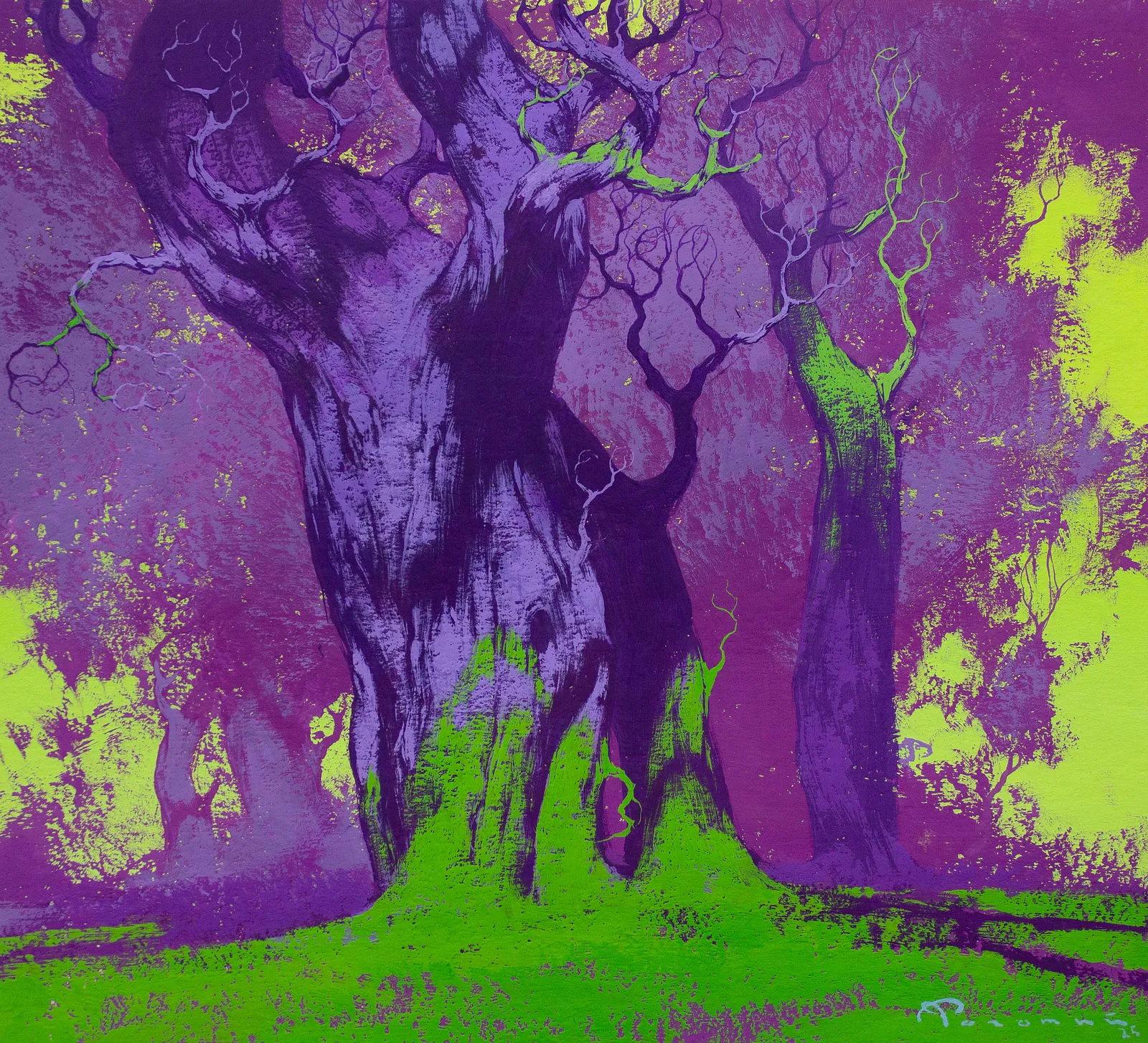 Image of Violet Forest by Artem Rohovyi, size: 27x30, made of Gouache,paper, Painting medium, priced at $500 Photo 1 of 3.